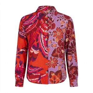 Farm Rio Womens MEDIUM Mixed Floral Print Button Down Shirt Orange Purple - CJ